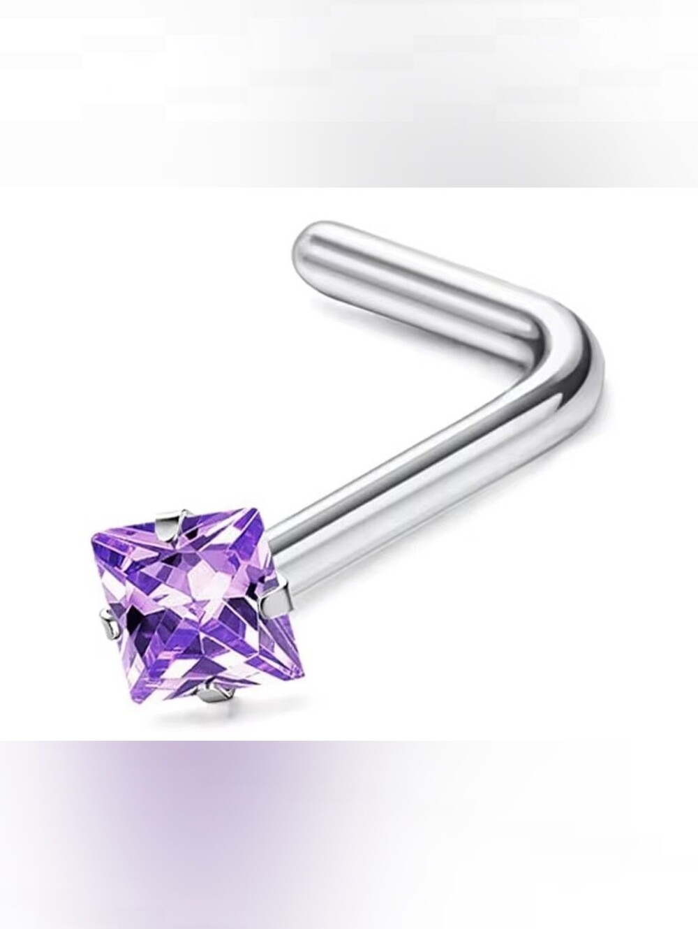 L-Shaped Nose Stud with Square Purple Crystal